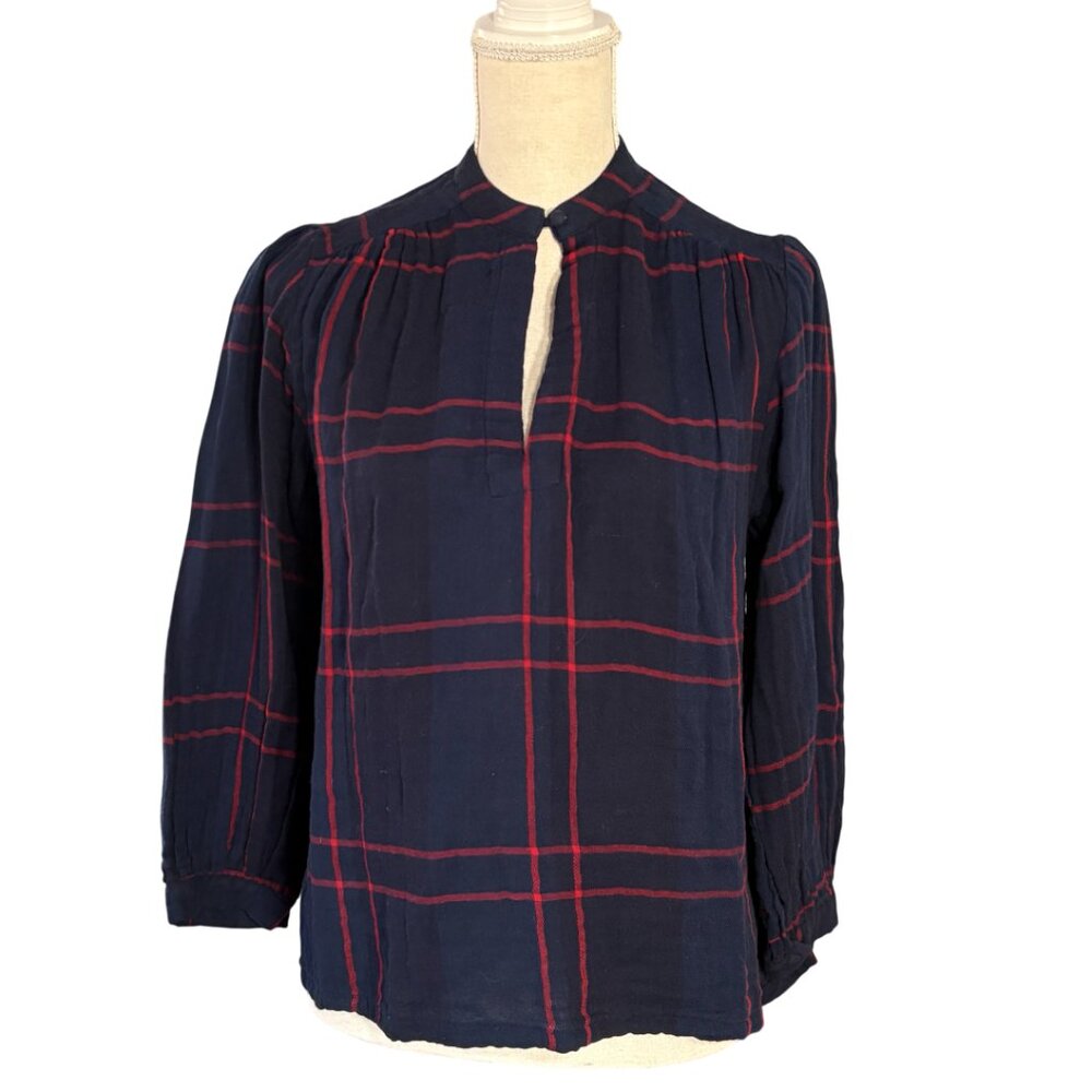 NWT Trovata Birds of Paradis Bailey Blouse XS navy blue red windowpane plaid